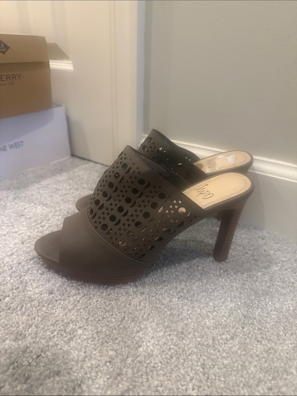 Impo Taupe Laser-Cut Open-Toe Slide Mules